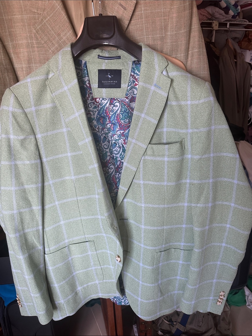 Tailorbyrd Mint Green Windowpane Blazer with Paisley Lining NWOT
